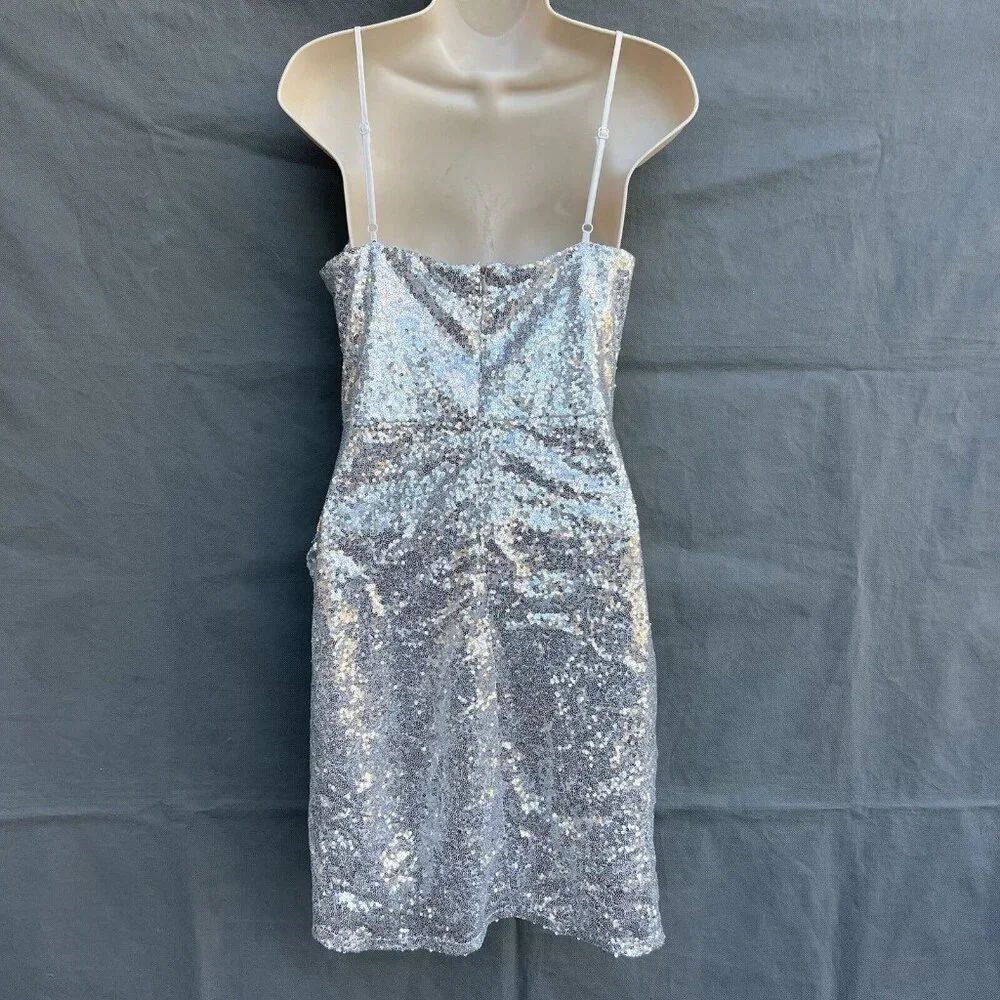 Lulu's Size M Silver Sequin Spaghetti Strap Party Mini Dress Draped V-Neck - Picture 2 of 6